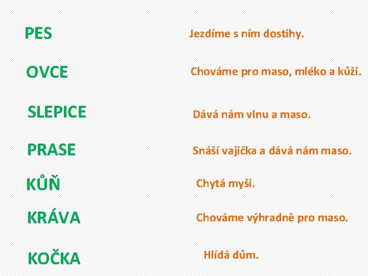 PES Jezdíme s ním dostihy. OVCE Chováme pro maso, mléko a kůži. SLEPICE Dává