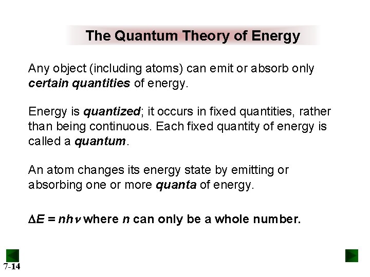 The Quantum Theory of Energy Any object (including atoms) can emit or absorb only