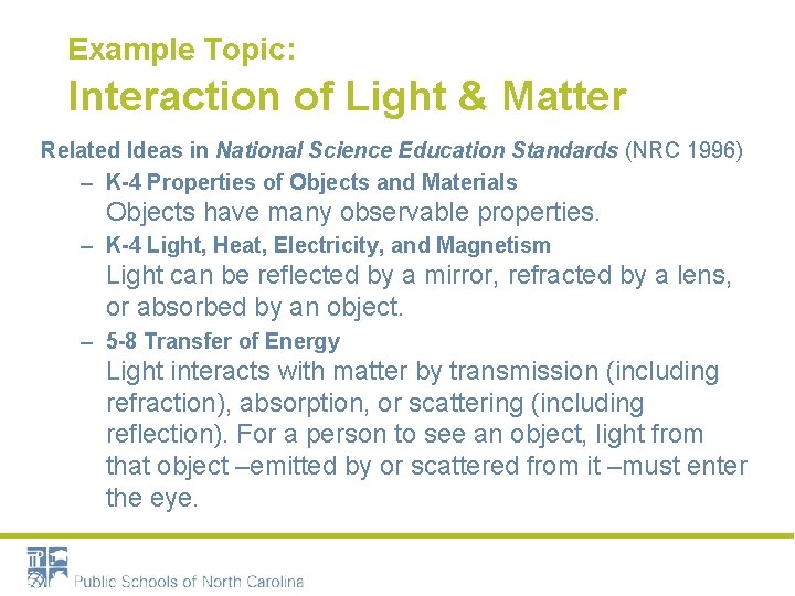 Example Topic: Interaction of Light & Matter Related Ideas in National Science Education Standards