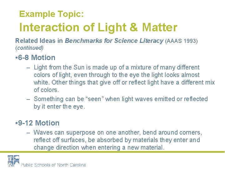 Example Topic: Interaction of Light & Matter Related Ideas in Benchmarks for Science Literacy
