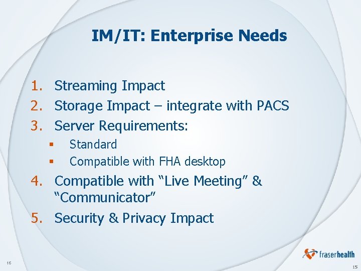 IM/IT: Enterprise Needs 1. Streaming Impact 2. Storage Impact – integrate with PACS 3.