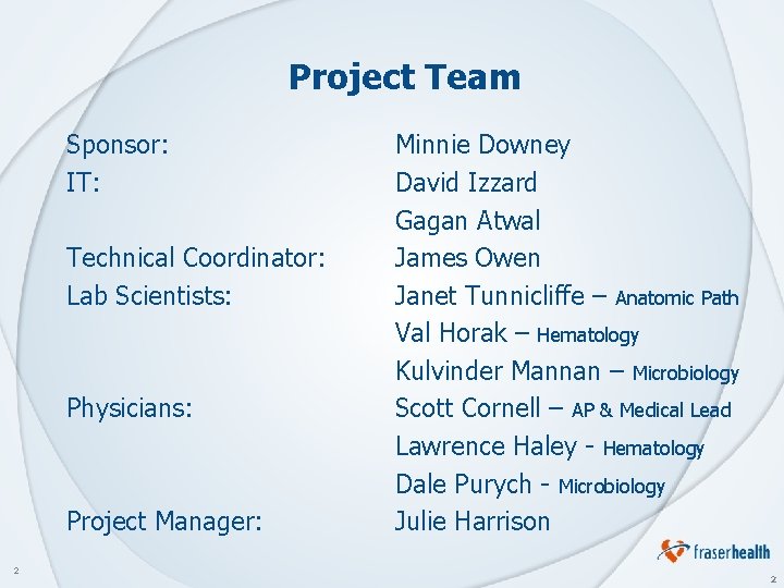 Project Team Sponsor: IT: Technical Coordinator: Lab Scientists: Physicians: Project Manager: 2 Minnie Downey
