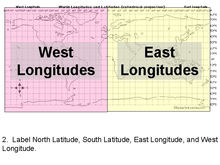 West Longitudes East Longitudes 2. Label North Latitude, South Latitude, East Longitude, and West