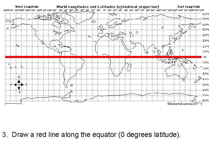 3. Draw a red line along the equator (0 degrees latitude). 