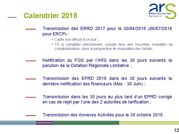 Calendrier 2018 Transmission des ERRD 2017 pour le 30/04/2018 (06/07/2018 pour ERCP) : -