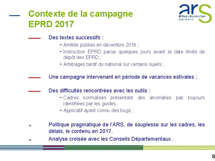 Contexte de la campagne EPRD 2017 Des textes successifs : - Arrêtés publiés en