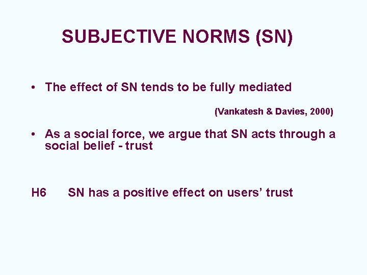 SUBJECTIVE NORMS (SN) • The effect of SN tends to be fully mediated (Vankatesh