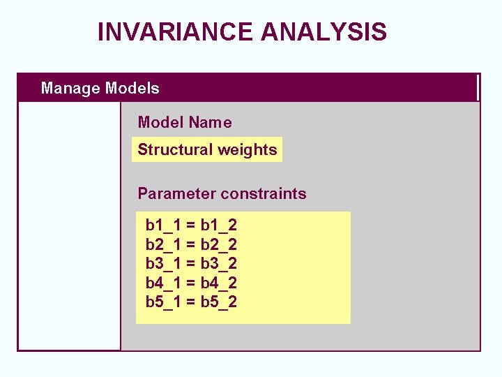 INVARIANCE ANALYSIS Manage Models Model Name Structural weights Parameter constraints b 1_1 = b