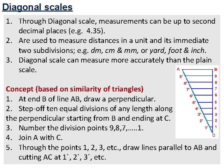Diagonal scales 1. Through Diagonal scale, measurements can be up to second decimal places Diagonal scales 1. Through Diagonal scale, measurements can be up to second decimal places