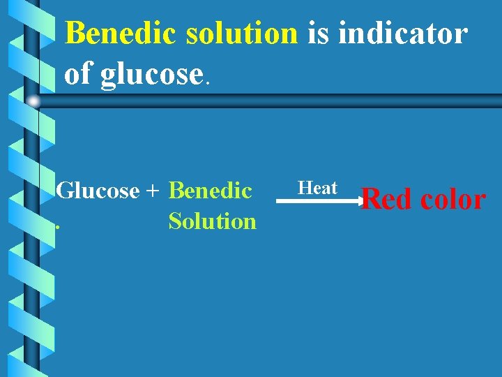 Benedic solution is indicator of glucose. Glucose + Benedic. Solution Heat Red color 