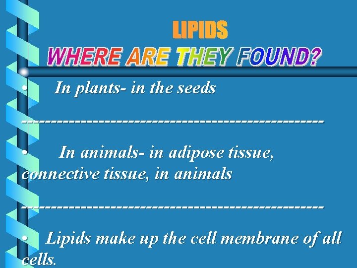 LIPIDS • In plants- in the seeds -------------------------- • In animals- in adipose tissue,