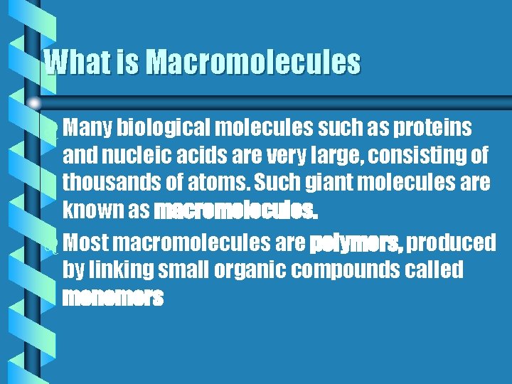 What is Macromolecules b Many biological molecules such as proteins and nucleic acids are