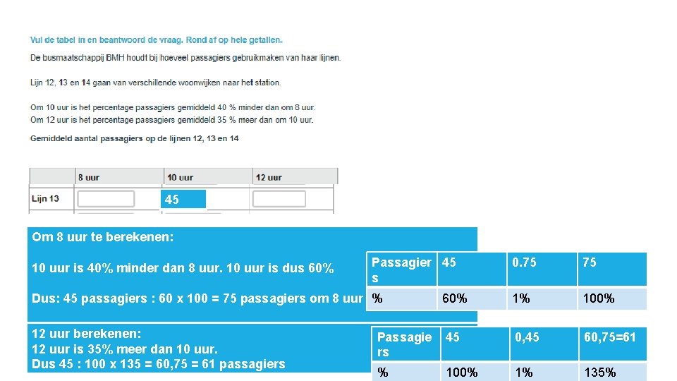 45 Om 8 uur te berekenen: 10 uur is 40% minder dan 8 uur.