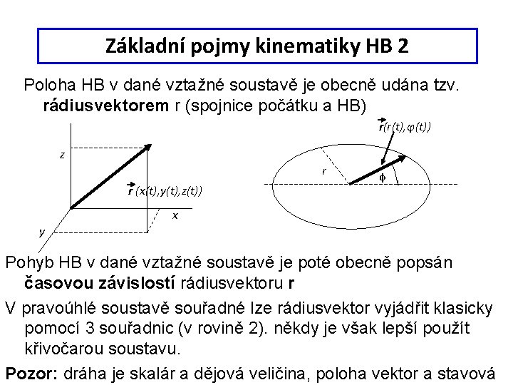 Základní pojmy kinematiky HB 2 Poloha HB v dané vztažné soustavě je obecně udána