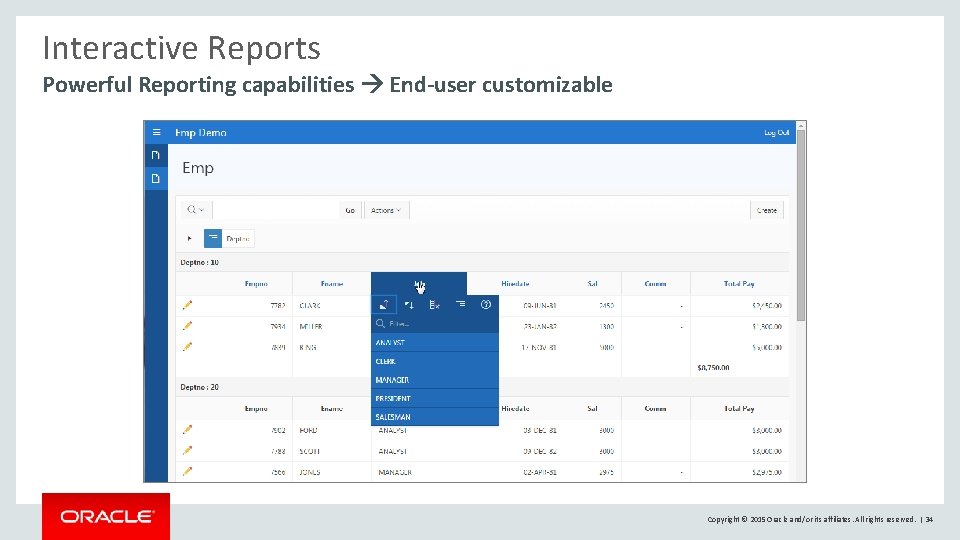 Interactive Reports Powerful Reporting capabilities End-user customizable Copyright © 2015 Oracle and/or its affiliates. Interactive Reports Powerful Reporting capabilities End-user customizable Copyright © 2015 Oracle and/or its affiliates.