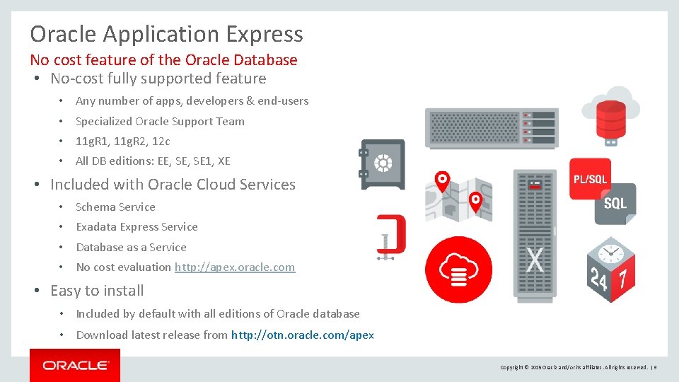 Oracle Application Express No cost feature of the Oracle Database • No-cost fully supported Oracle Application Express No cost feature of the Oracle Database • No-cost fully supported