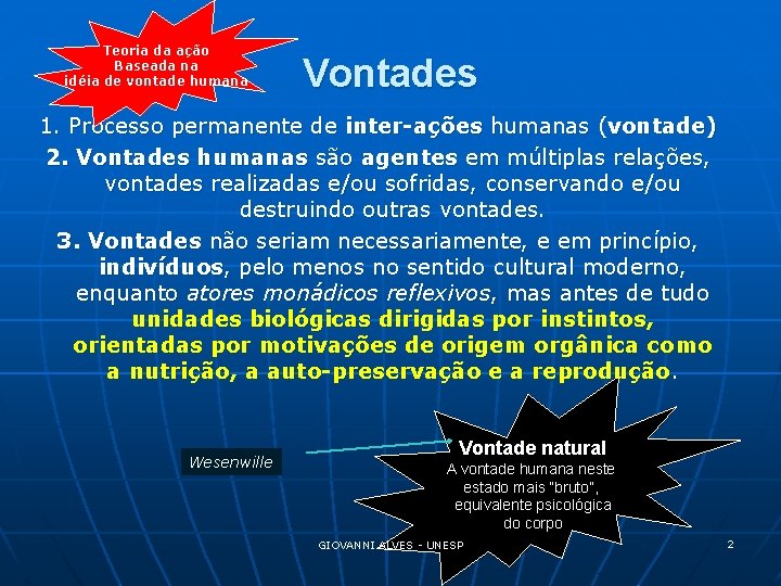 Teoria da ação Baseada na idéia de vontade humana Vontades 1. Processo permanente de
