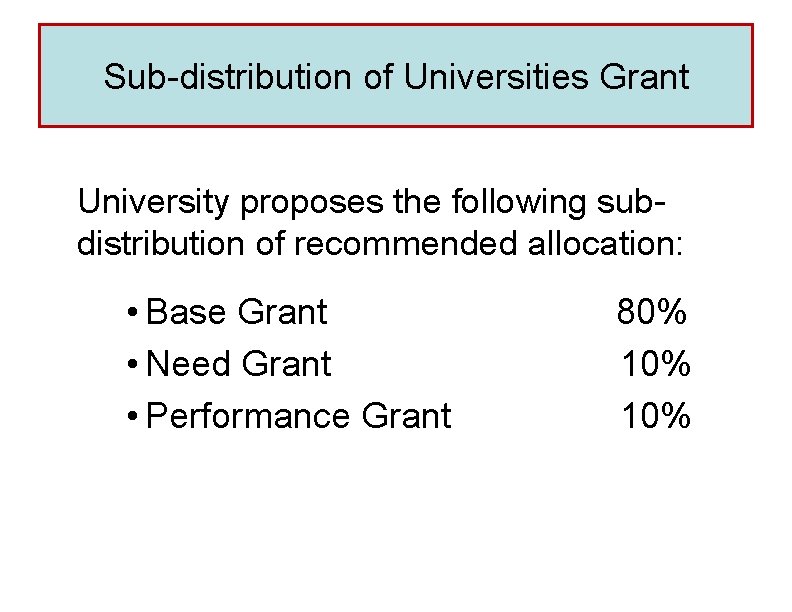 Sub-distribution of Universities Grant University proposes the following subdistribution of recommended allocation: • Base