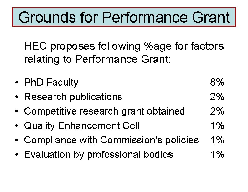 Grounds for Performance Grant HEC proposes following %age for factors relating to Performance Grant: