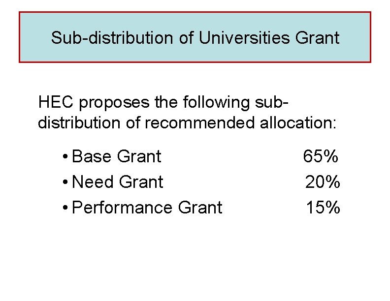 Sub-distribution of Universities Grant HEC proposes the following subdistribution of recommended allocation: • Base