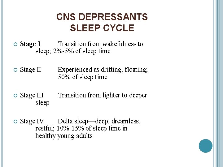 CNS DEPRESSANTS SLEEP CYCLE Stage I Transition from wakefulness to sleep; 2%-5% of sleep