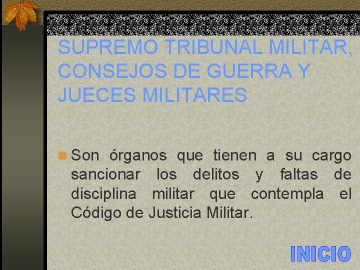 SUPREMO TRIBUNAL MILITAR, CONSEJOS DE GUERRA Y JUECES MILITARES n Son órganos que tienen