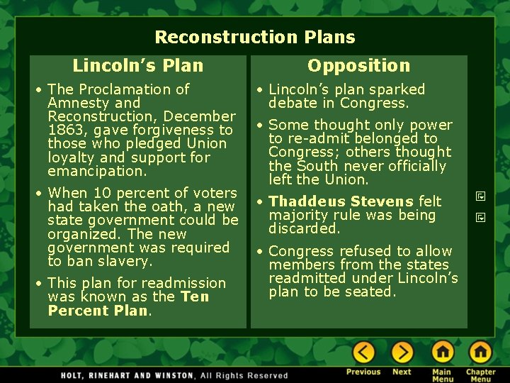 Reconstruction Plans Lincoln’s Plan • The Proclamation of Amnesty and Reconstruction, December 1863, gave