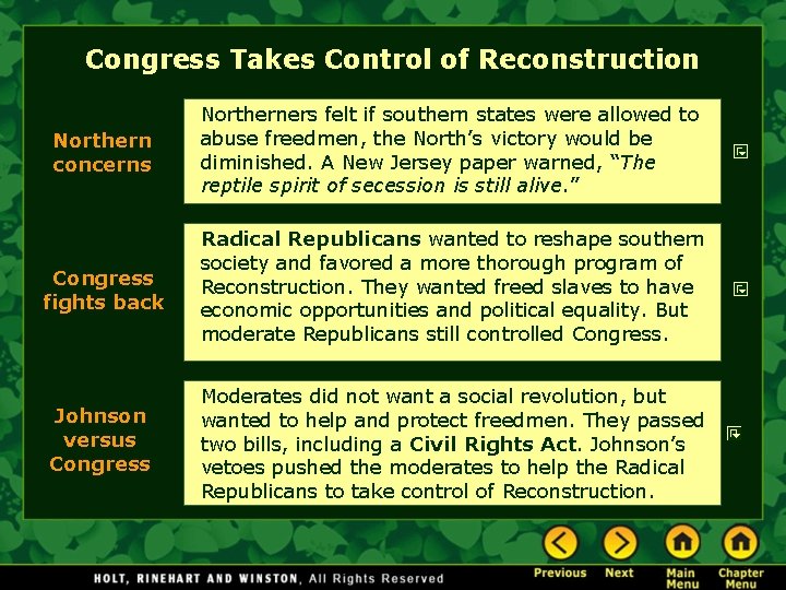 Congress Takes Control of Reconstruction Northern concerns Northerners felt if southern states were allowed