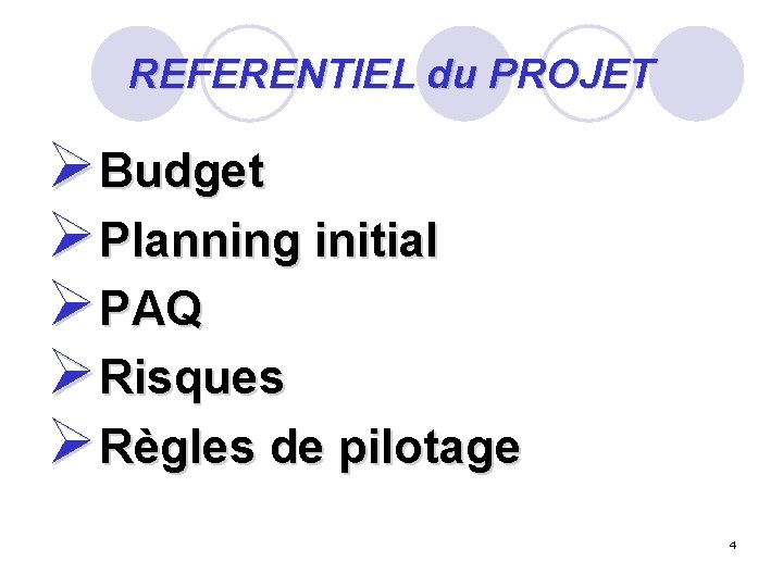 REFERENTIEL du PROJET Ø Budget Ø Planning initial Ø PAQ Ø Risques Ø Règles