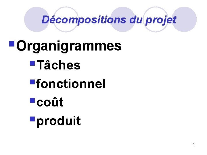 Décompositions du projet §Organigrammes §Tâches §fonctionnel §coût §produit 6 