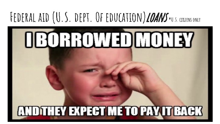 Federal aid (U. S. dept. Of education)loans *U. S. citizens only 