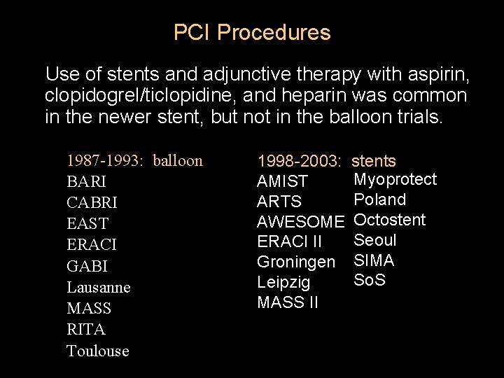 PCI Procedures Use of stents and adjunctive therapy with aspirin, clopidogrel/ticlopidine, and heparin was