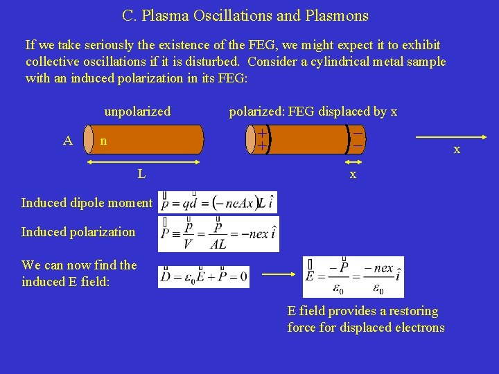 C. Plasma Oscillations and Plasmons If we take seriously the existence of the FEG, C. Plasma Oscillations and Plasmons If we take seriously the existence of the FEG,