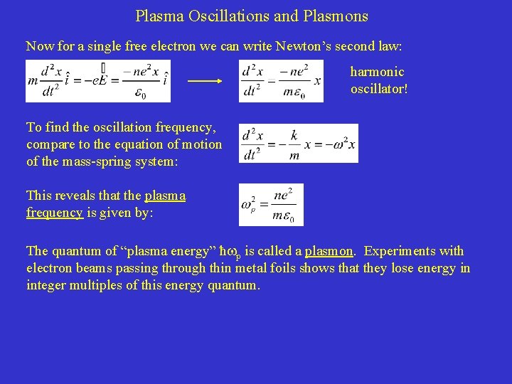 Plasma Oscillations and Plasmons Now for a single free electron we can write Newton’s Plasma Oscillations and Plasmons Now for a single free electron we can write Newton’s