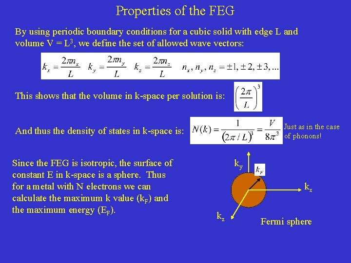 Properties of the FEG By using periodic boundary conditions for a cubic solid with Properties of the FEG By using periodic boundary conditions for a cubic solid with