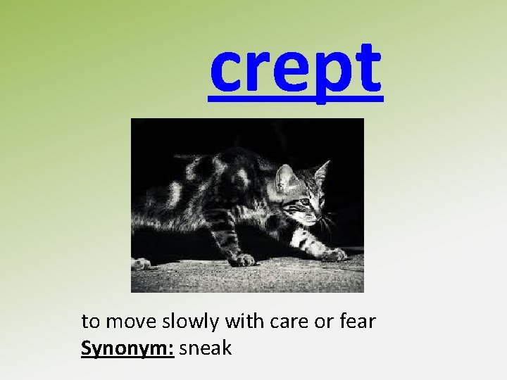 crept to move slowly with care or fear Synonym: sneak 