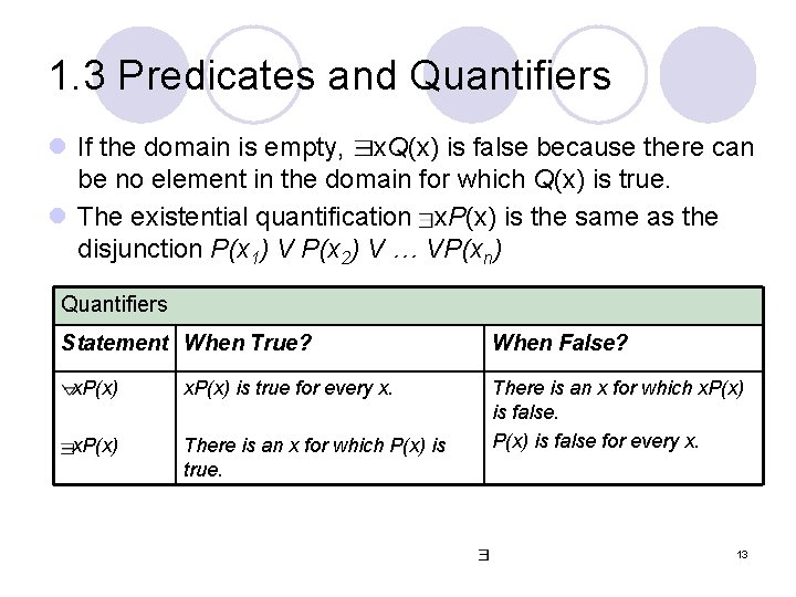 1. 3 Predicates and Quantifiers l If the domain is empty, x. Q(x) is