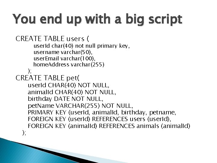 You end up with a big script CREATE TABLE users ( ); user. Id