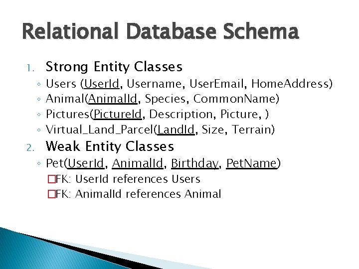 Relational Database Schema 1. ◦ ◦ 2. Strong Entity Classes Users (User. Id, Username,
