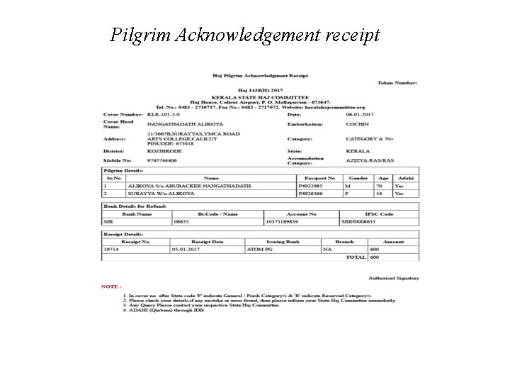 Pilgrim Acknowledgement receipt Pilgrim Acknowledgement receipt