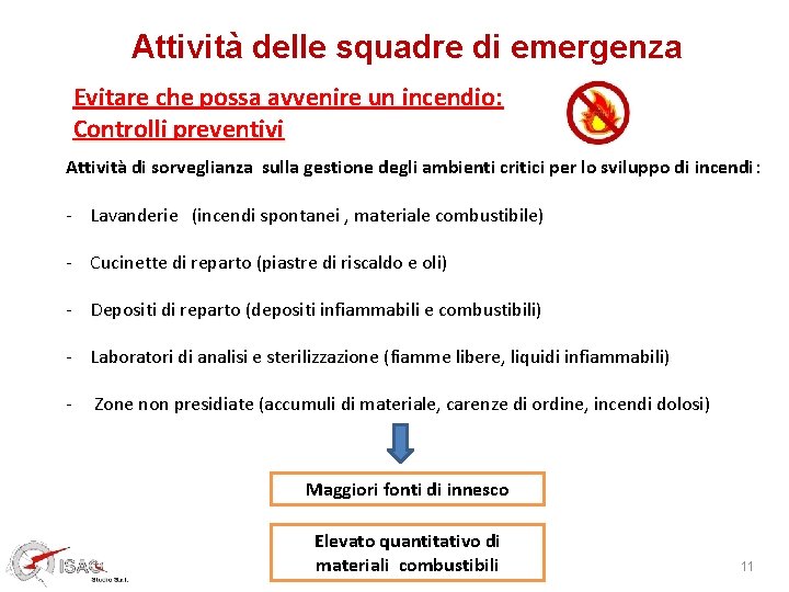 Attività delle squadre di emergenza Evitare che possa avvenire un incendio: Controlli preventivi Attività