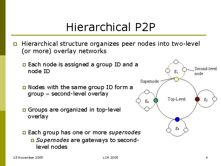 Hierarchical P 2 P p Hierarchical structure organizes peer nodes into two-level (or more)