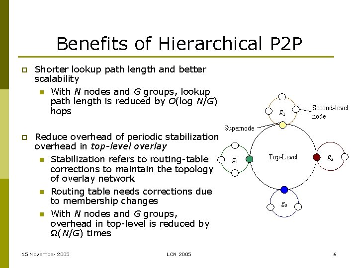 Benefits of Hierarchical P 2 P p p Shorter lookup path length and better