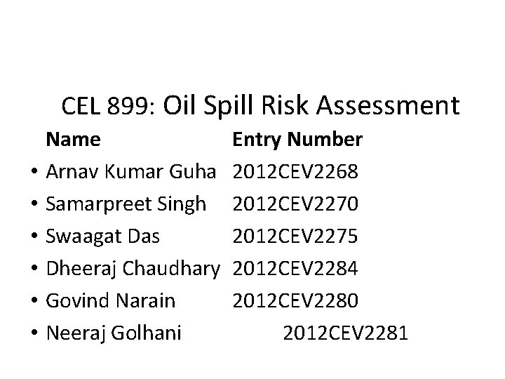 CEL 899: Oil Spill Risk Assessment • • • Name Arnav Kumar Guha Samarpreet