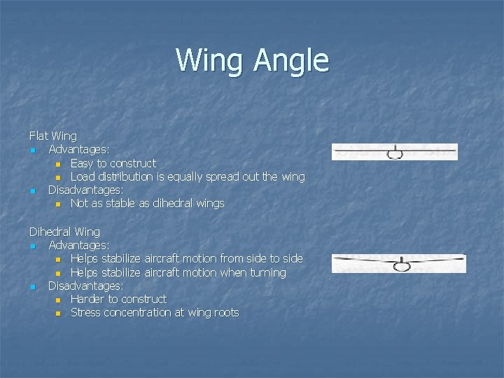 Wing Angle Flat Wing n Advantages: n Easy to construct n Load distribution is Wing Angle Flat Wing n Advantages: n Easy to construct n Load distribution is
