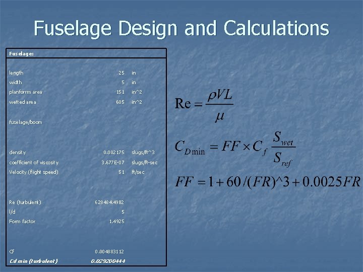 Fuselage Design and Calculations Fuselage: length 25 in width 5 in planforrm area 151 Fuselage Design and Calculations Fuselage: length 25 in width 5 in planforrm area 151