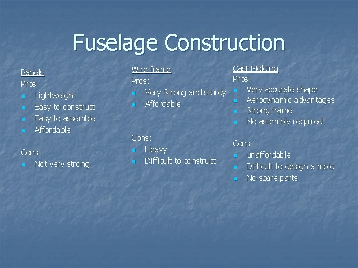 Fuselage Construction Panels Pros: n Lightweight n Easy to construct n Easy to assemble Fuselage Construction Panels Pros: n Lightweight n Easy to construct n Easy to assemble