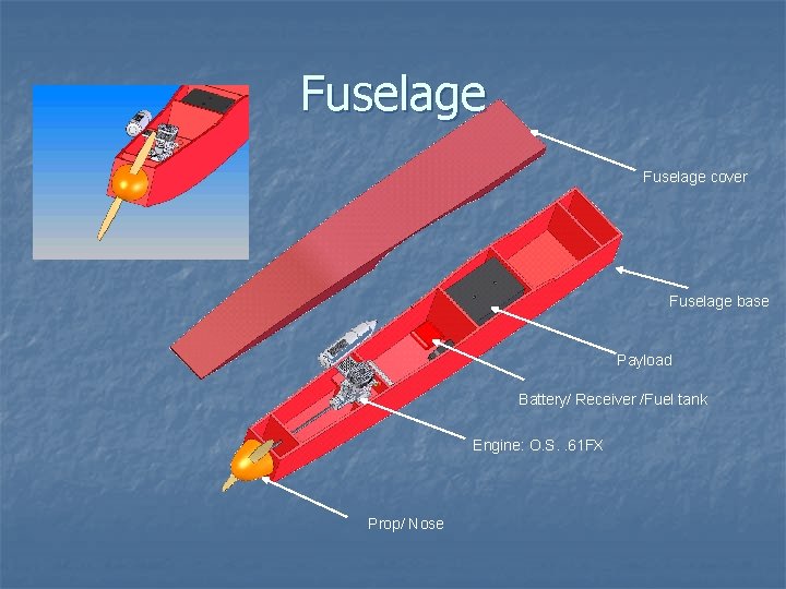 Fuselage cover Fuselage base Payload Battery/ Receiver /Fuel tank Engine: O. S. . 61 Fuselage cover Fuselage base Payload Battery/ Receiver /Fuel tank Engine: O. S. . 61