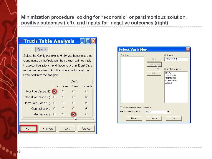 Minimization procedure looking for “economic” or parsimonious solution, positive outcomes (left), and inputs for