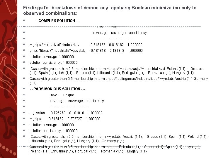 Findings for breakdown of democracy: applying Boolean minimization only to observed combinations: -- COMPLEX